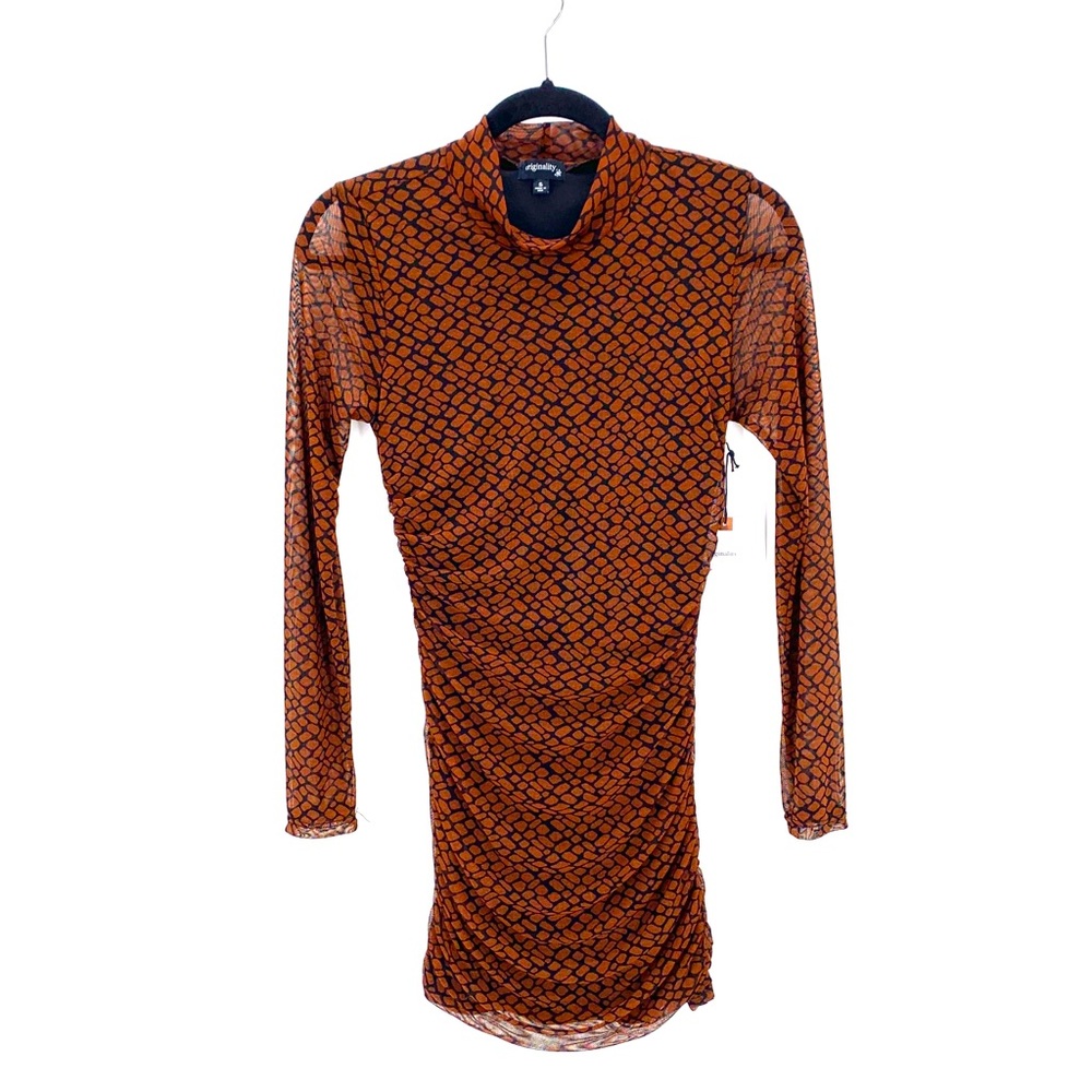 Bodycon Dress Long Mesh Sleeves High Neck Small Brown Black Figure Flattering